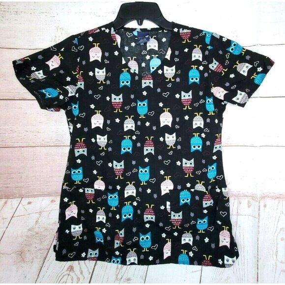 Zoe Chloe Owl Graphic Black XS %100 Cotton Scrub Top Mint Condition - Picture 1 of 8
